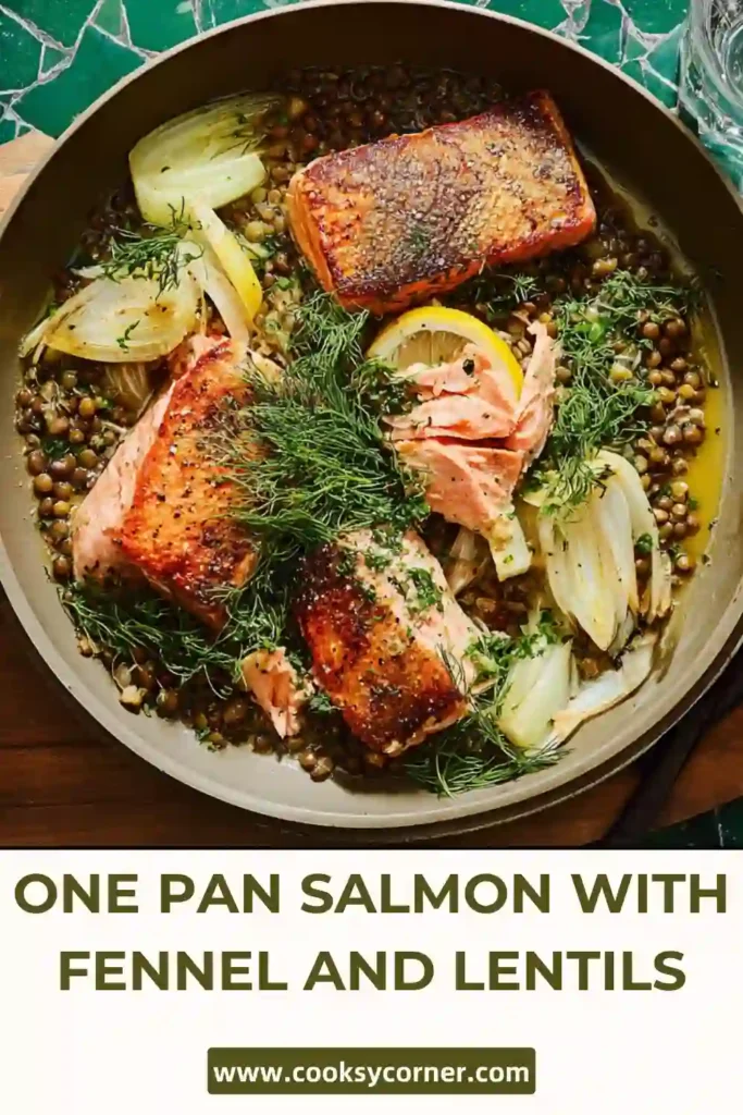 One pan salmon with fennel and lentils served with fresh parsley and lemon slices in a rustic skillet. The dish looks vibrant and wholesome.