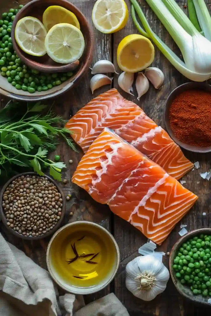 Overhead view of one pan salmon recipe with fennel and lentils, styled for a fresh Mediterranean-inspired meal.