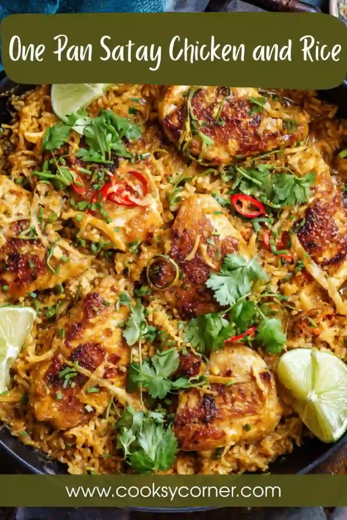 Overhead shot of one-pan chicken and rice dish with golden chicken pieces and creamy satay sauce, topped with chopped peanuts.