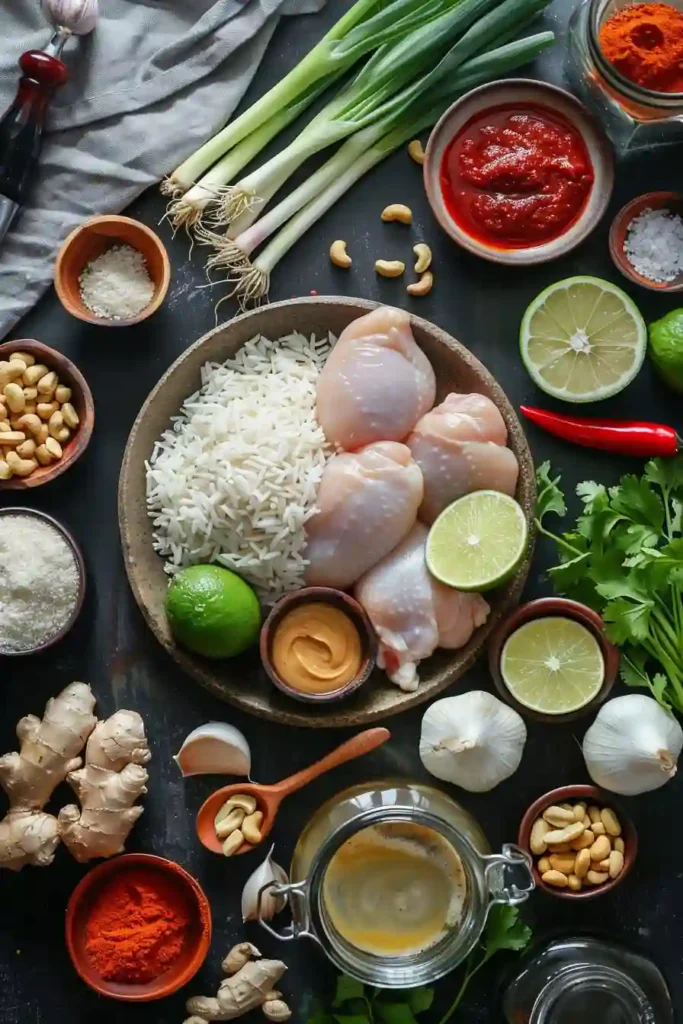 A warm and comforting satay chicken and rice meal served in a pan, featuring tender chicken and flavorful rice with herbs.