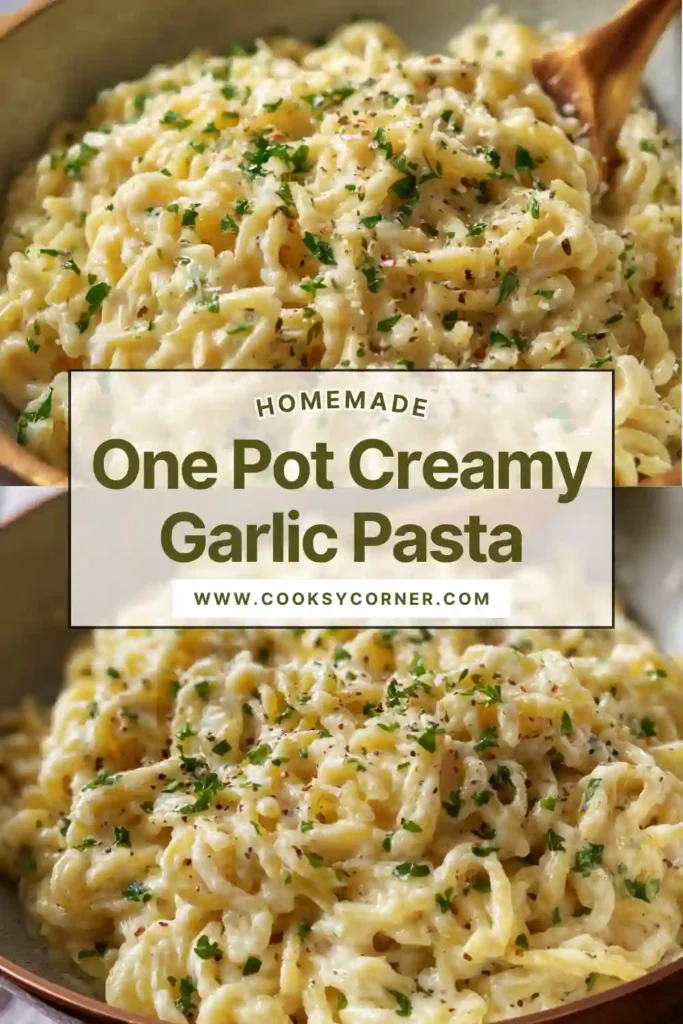 Garlic pasta with thick creamy sauce and herbs. Comfort food meal.