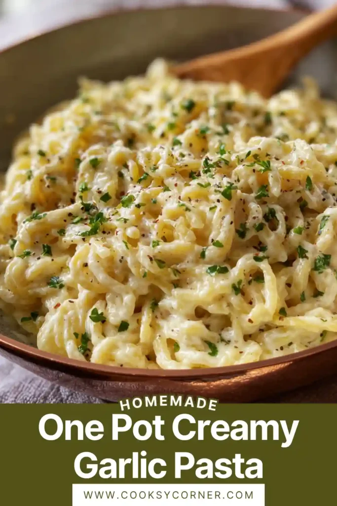 Close-up of creamy pasta coated in garlic sauce. Easy homemade dish.