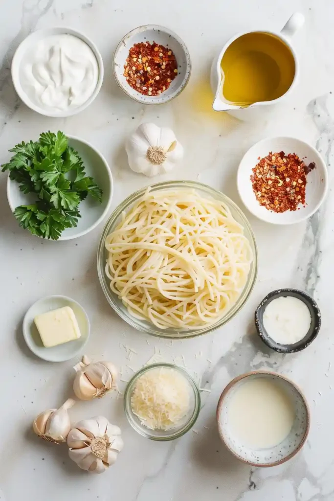 Bowl of creamy pasta with parmesan and parsley garnish.