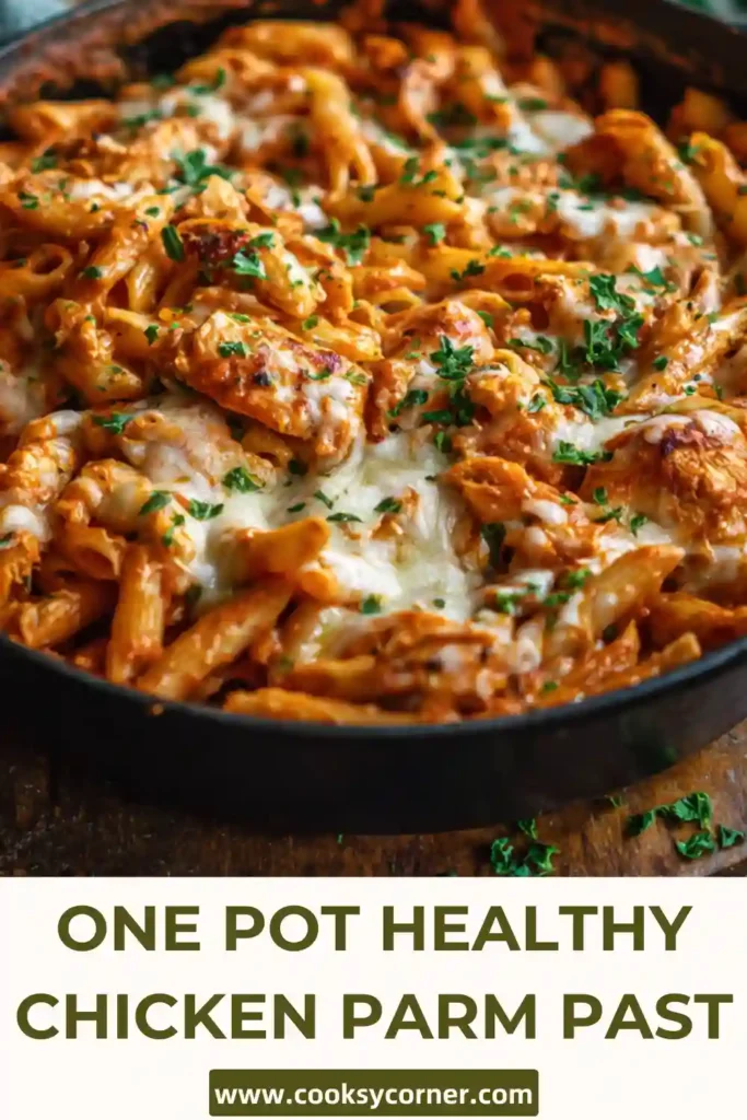 Freshly cooked one pot chicken parm pasta served hot with herbs and melted cheese