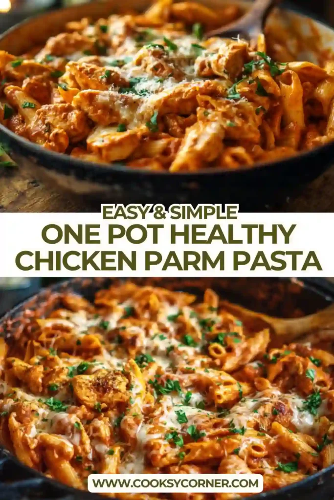 Close-up of healthy chicken parmesan pasta with tender chicken and penne in tomato sauce