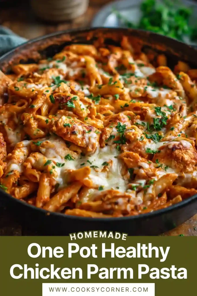 One pot healthy chicken parm pasta with melted mozzarella and fresh parsley on top in a large pan