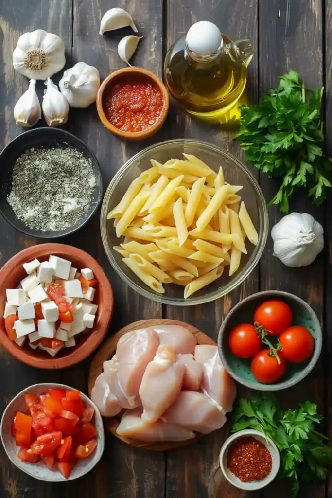 Healthy chicken pasta dish with rich tomato sauce and golden seared chicken pieces