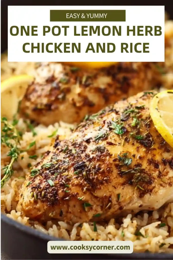 A skillet filled with one pot lemon herb chicken and rice, featuring juicy chicken breasts and fluffy seasoned rice with fresh herbs.