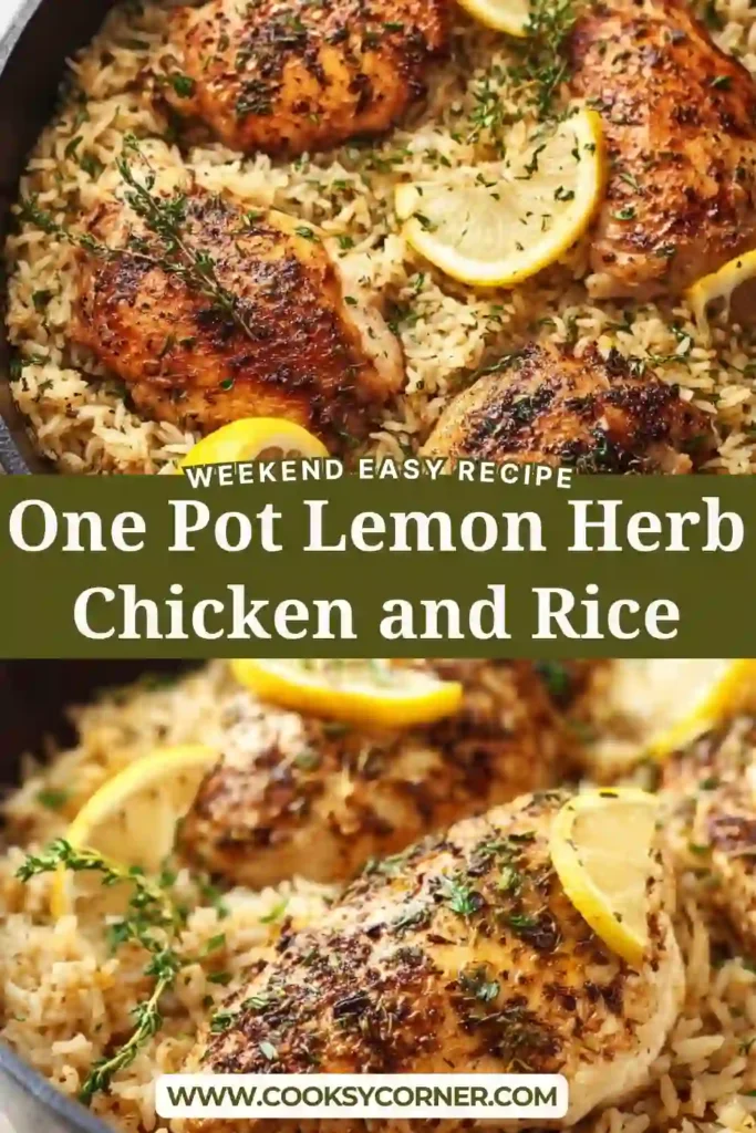 Close-up of lemon herb chicken served over tender rice, garnished with parsley and lemon wedges.