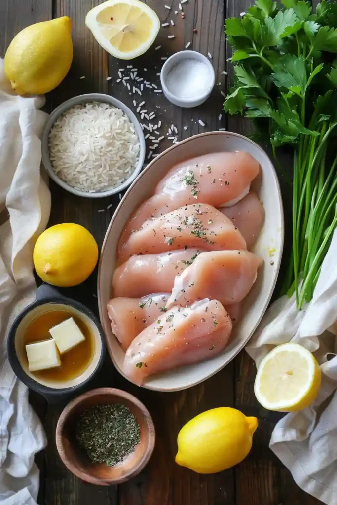 Freshly cooked lemon herb chicken and rice in a pan, showing bright citrus tones and herb garnish.