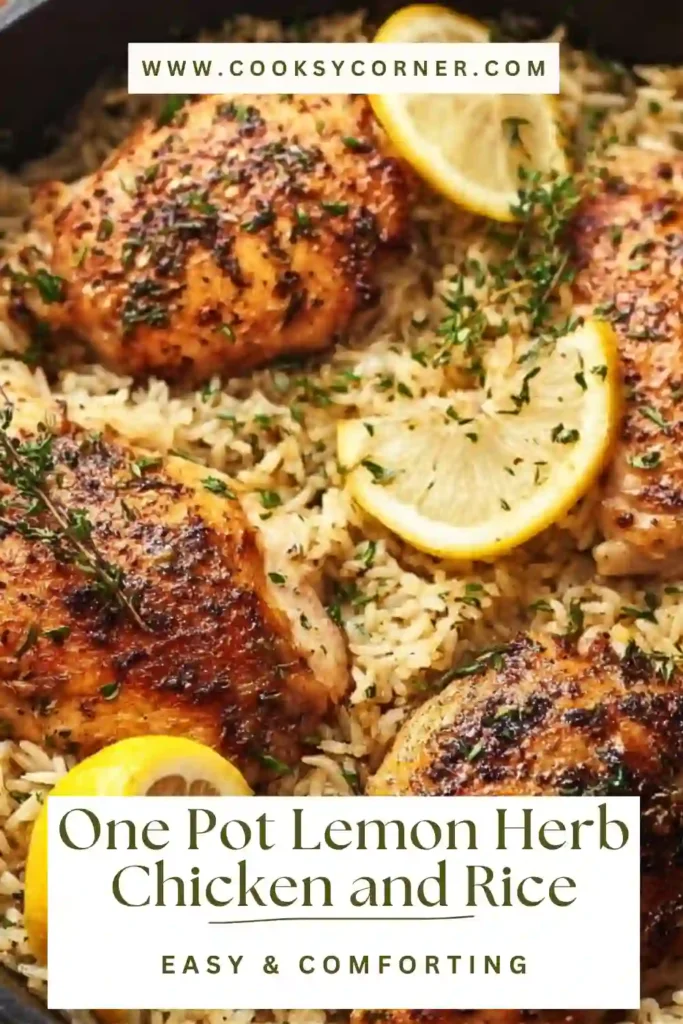 One pan chicken and rice dish with golden seared chicken and perfectly cooked lemon-infused rice.