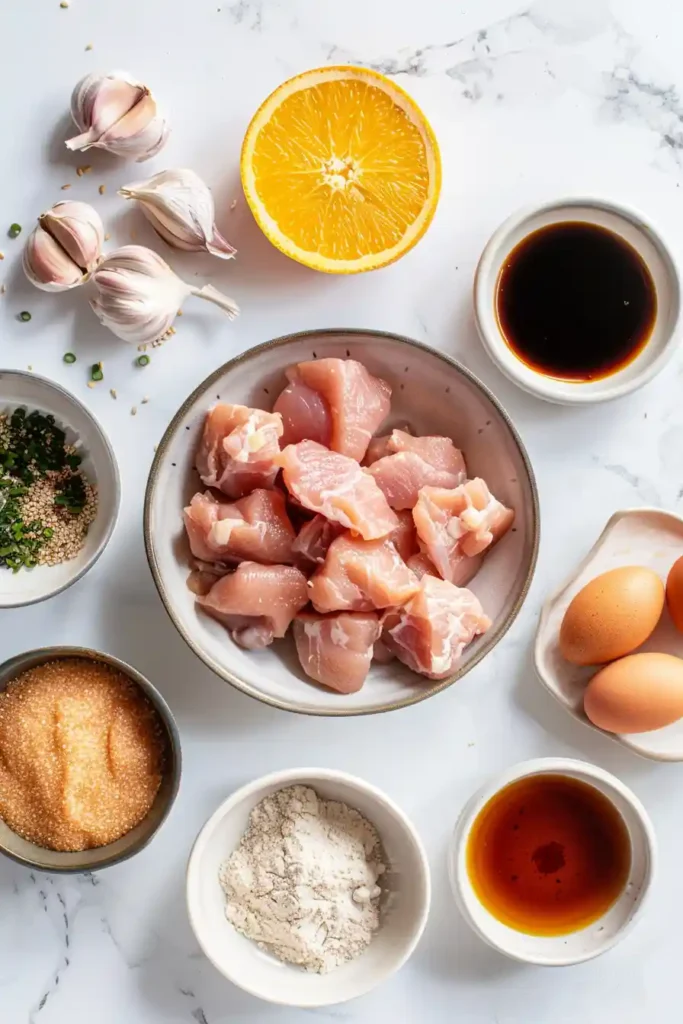 Golden fried chicken pieces tossed in orange sauce with sesame seeds and chopped green onions.