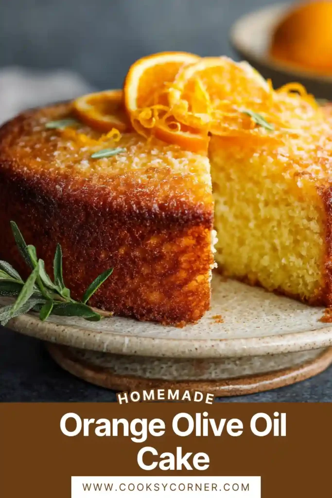 Close-up of a slice of orange olive oil cake showing tender crumb and smooth mascarpone frosting with citrus zest.