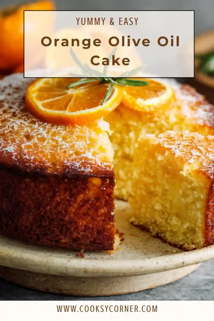 A moist orange olive oil cake topped with creamy mascarpone frosting and garnished with candied orange slices. The texture looks soft and rich.