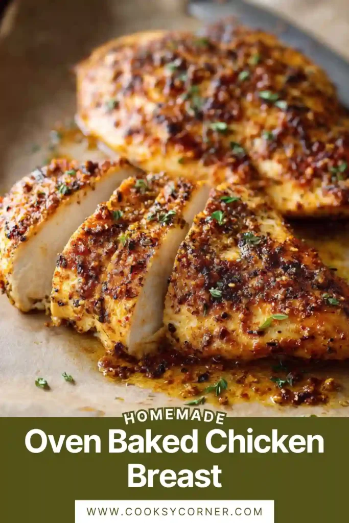 Juicy baked chicken breast with golden seasoning crust fresh from the oven.