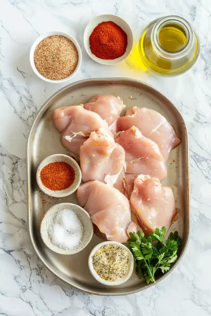 Close-up of tender oven baked chicken breast with visible seasoning.