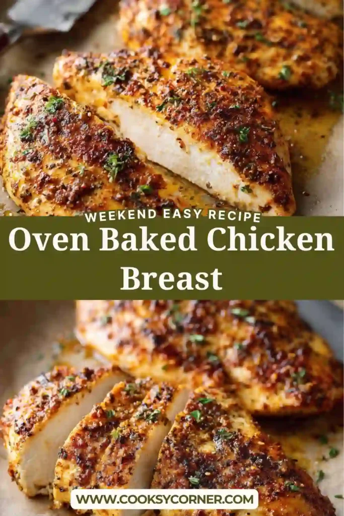 Oven baked chicken breast sliced and garnished with fresh parsley on a plate.