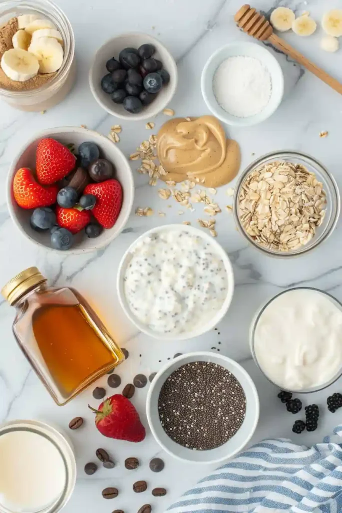 Meal prep overnight oats with various flavors like banana, chocolate, and apple pie.