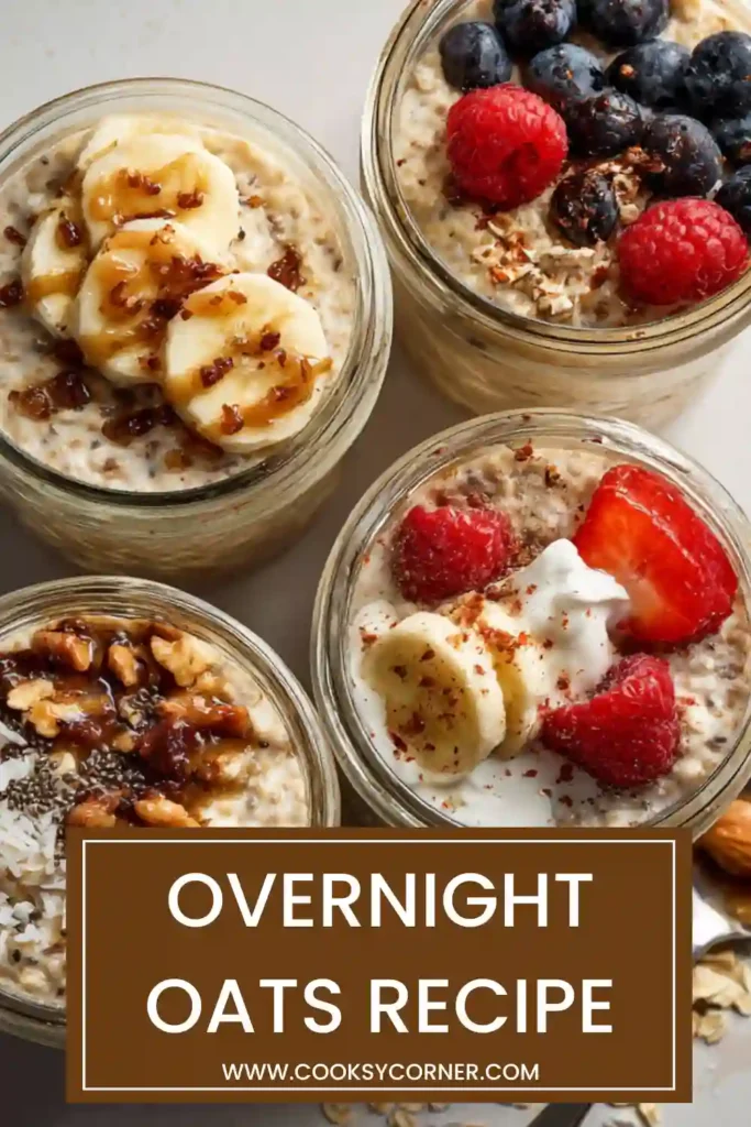 Healthy overnight oats with multiple flavor options arranged in glass containers.