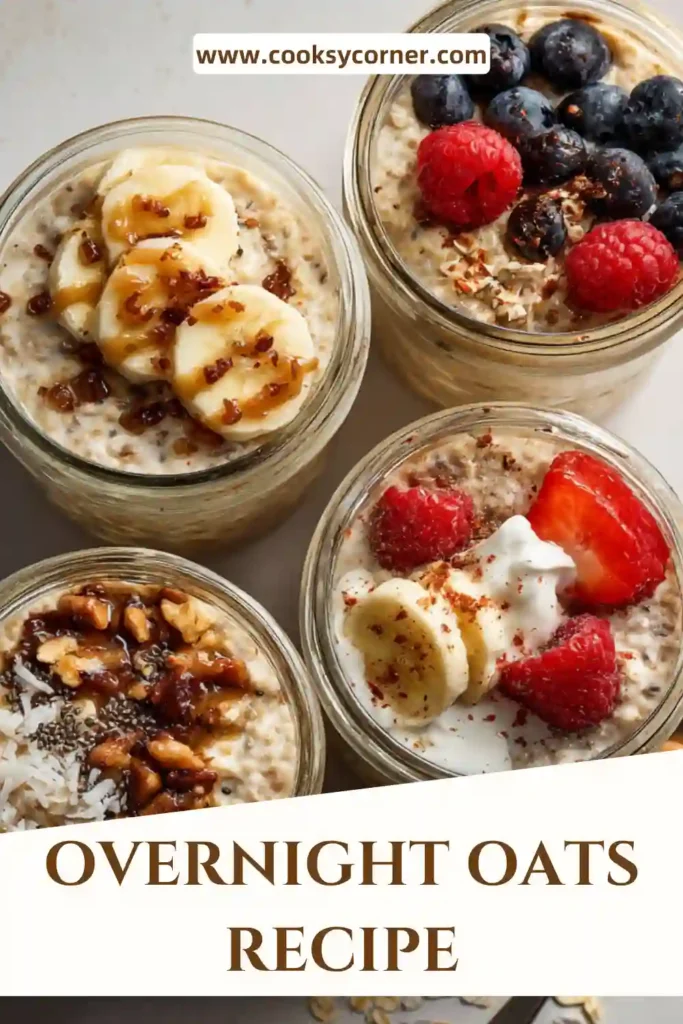 Overnight oats in jars with different toppings including berries, chocolate, and peanut butter variations.