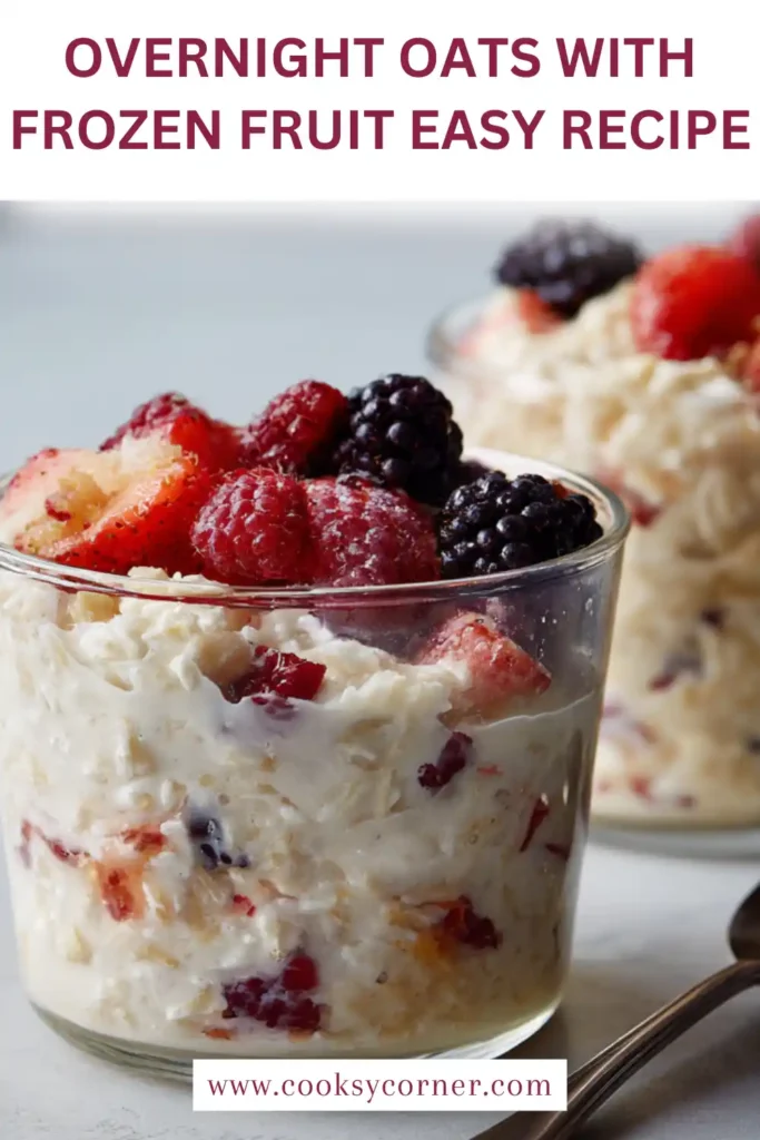 Dairy-free overnight oats with frozen fruit in a glass container, mixed with oats and thawed berries for a nutritious meal.