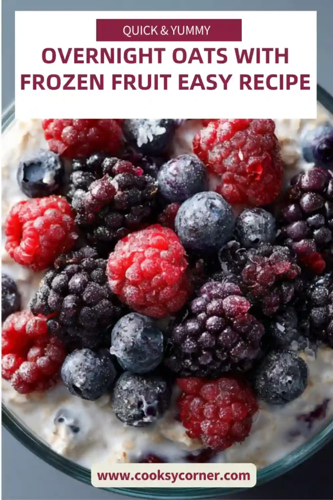 Healthy overnight oats with frozen fruit served chilled in a jar, ideal for quick meal prep breakfast.