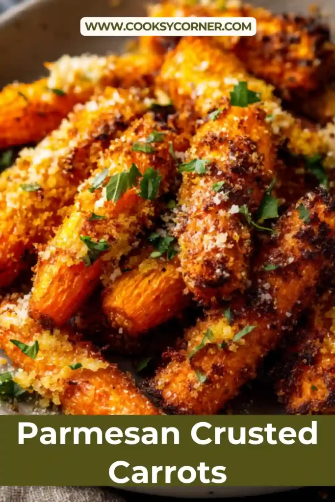 Oven roasted carrots with parmesan crust showing crispy melted cheese and perfectly cooked carrot slices.