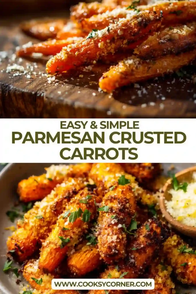 Close-up of crispy parmesan carrots baked on a sheet pan with golden edges and caramelized texture.