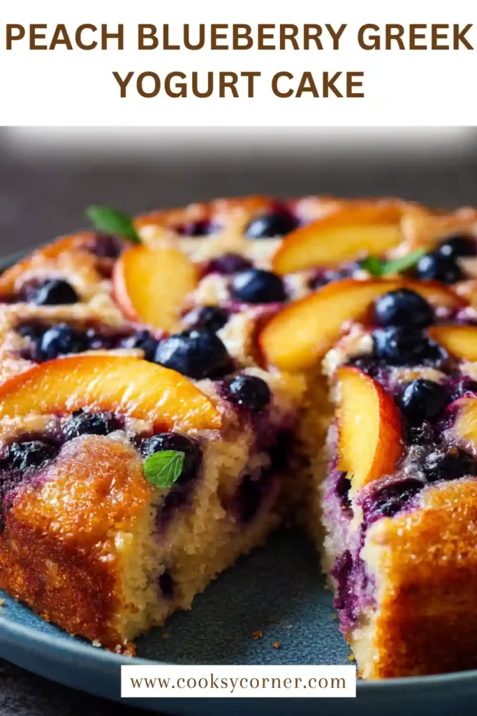 Homemade fruit cake with Greek yogurt and fresh berries on a serving plate.