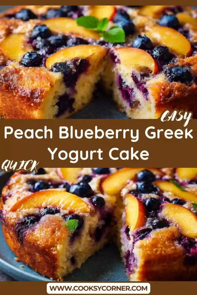 Close-up of moist yogurt cake with juicy peaches and blueberries.