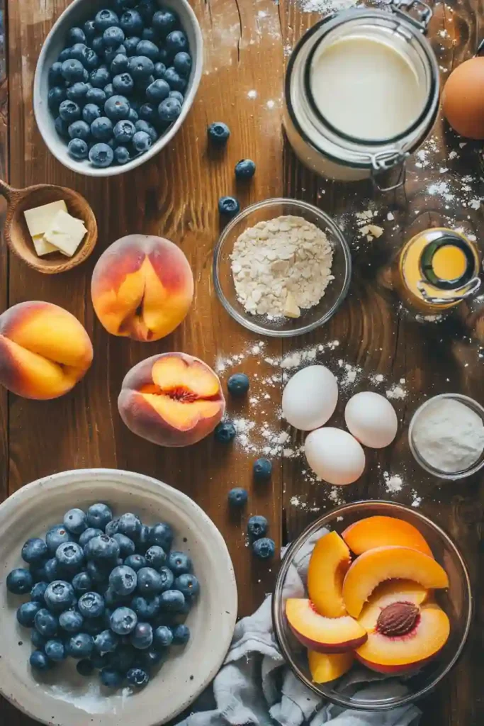 Soft peach and blueberry cake with a tender crumb and vibrant fruit topping.