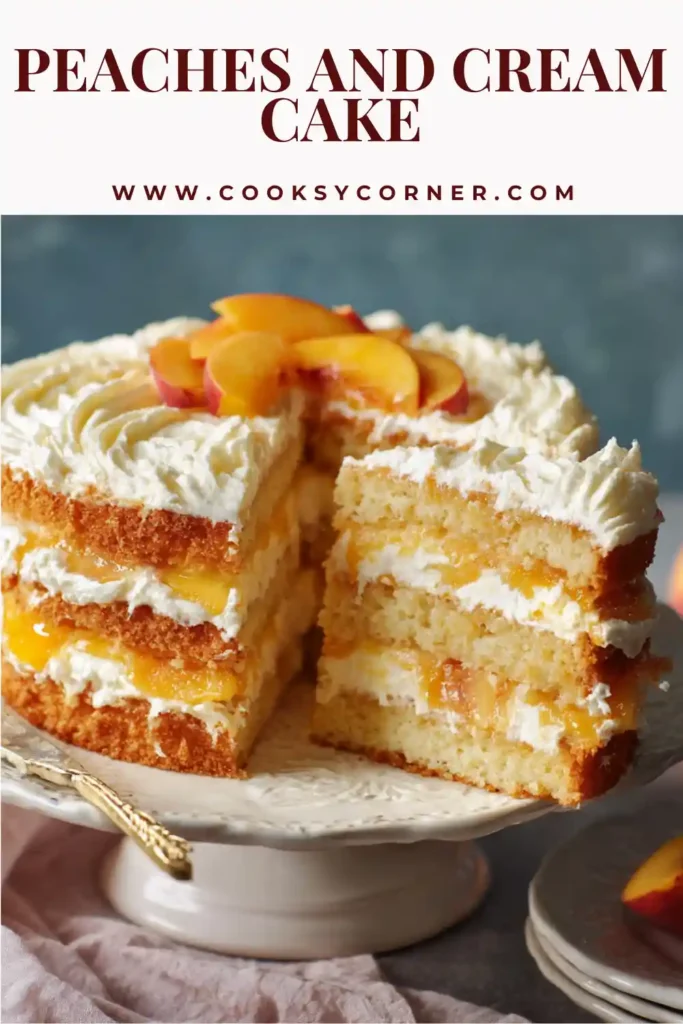 Fresh peaches and cream cake on a serving plate with thick whipped cream layers. A perfect fruity dessert for warm weather.