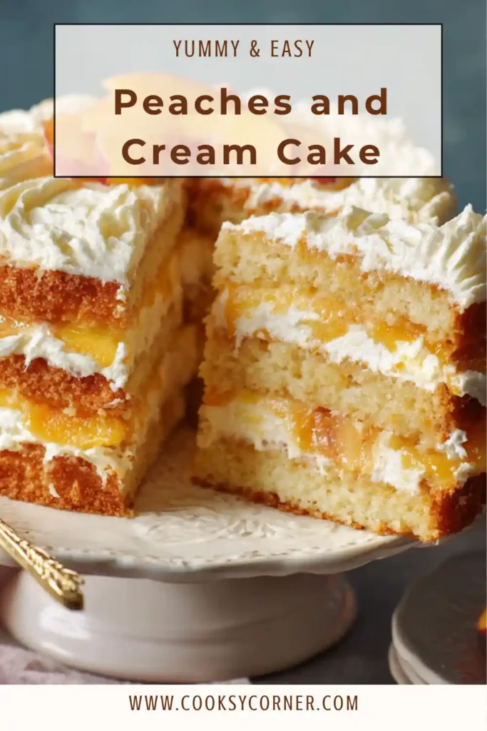 Close-up of peaches and cream cake showing fluffy sponge layers and fresh peach topping. This homemade cake looks moist and refreshing.
