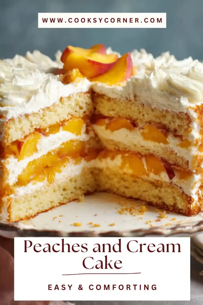 A layered peaches and cream cake topped with fresh sliced peaches and whipped cream. The soft sponge layers and creamy filling create a light summer dessert.