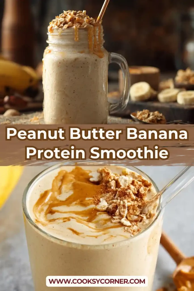 Thick and rich banana protein shake with peanut butter in a clear glass, showcasing its creamy consistency.