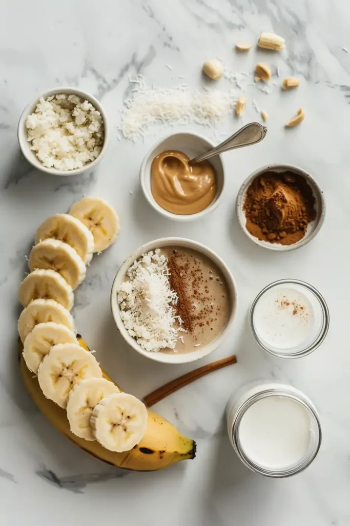 A creamy peanut butter banana protein smoothie blended to perfection in a glass jar, topped with a smooth texture and natural color.