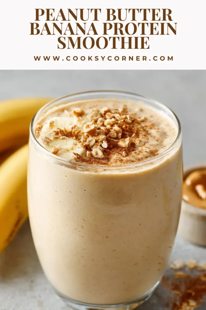 Homemade high protein smoothie with banana and peanut butter served in a glass with a creamy finish.