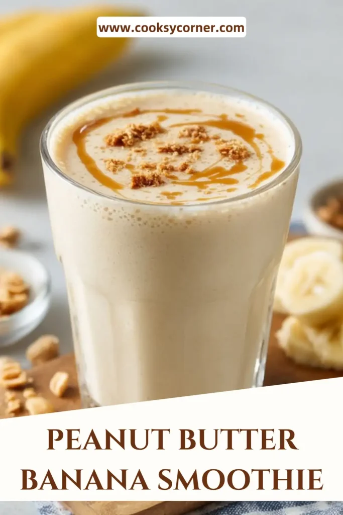 Healthy peanut butter banana smoothie in a clear glass showing its creamy texture, made with yogurt and almond milk.