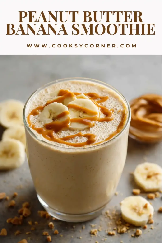 Healthy banana peanut butter smoothie with a thick consistency served in a clear glass with natural lighting.