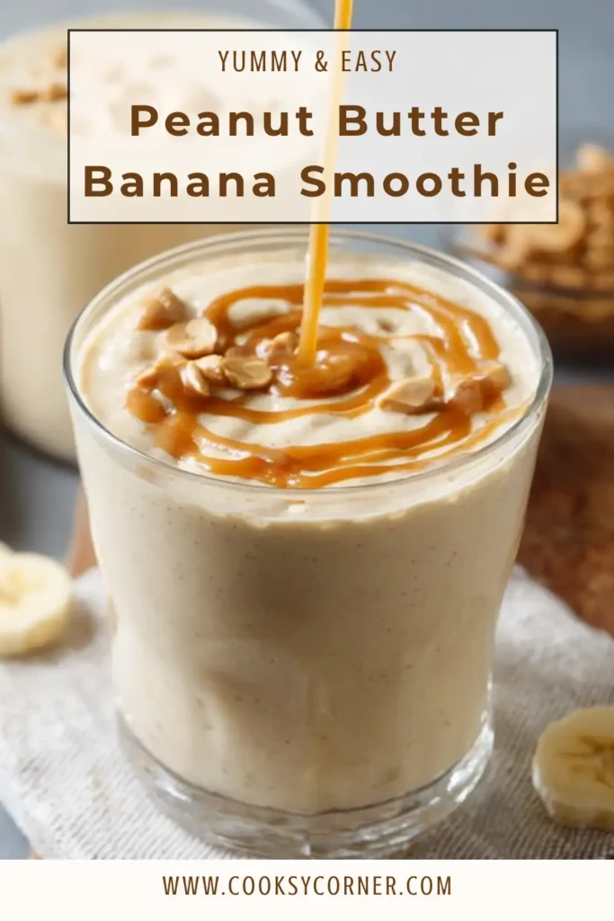 Close-up of a peanut butter banana smoothie blended until silky smooth, served chilled with a straw and fresh banana garnish.