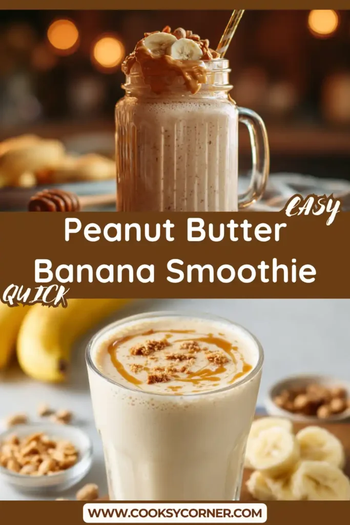 A creamy peanut butter banana smoothie in a glass topped with banana slices and a drizzle of peanut butter. The texture looks thick and smooth, perfect for a healthy breakfast.