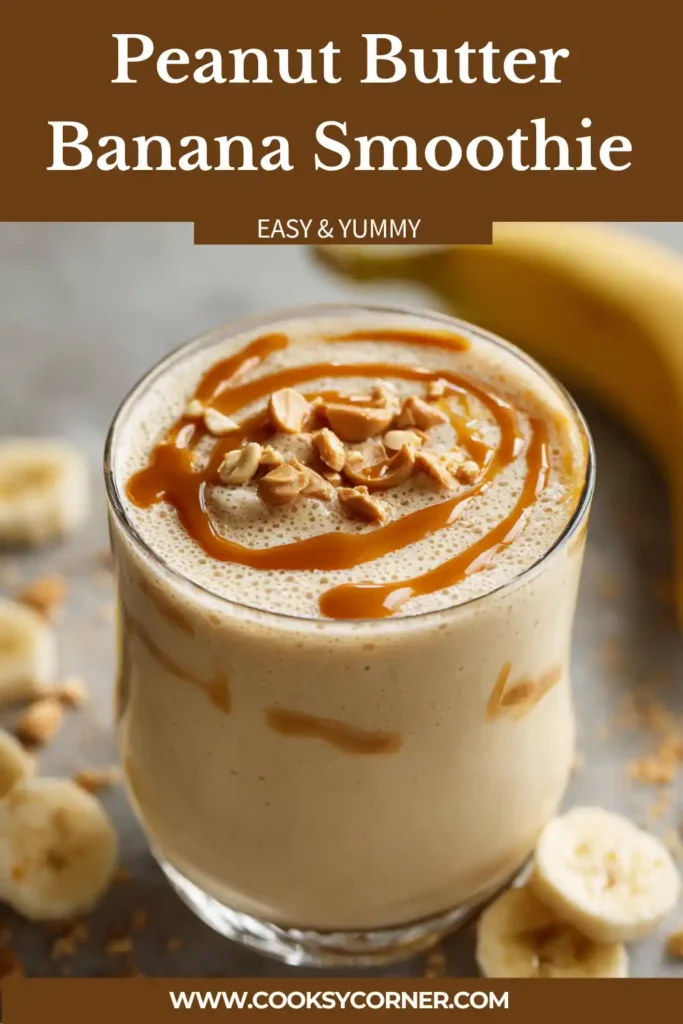 Creamy peanut butter banana smoothie in a glass topped with cinnamon and banana slices, blended to a smooth texture.