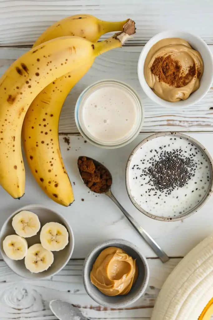 Thick banana peanut butter smoothie in a jar with chia seeds sprinkled on top, placed on a wooden surface.