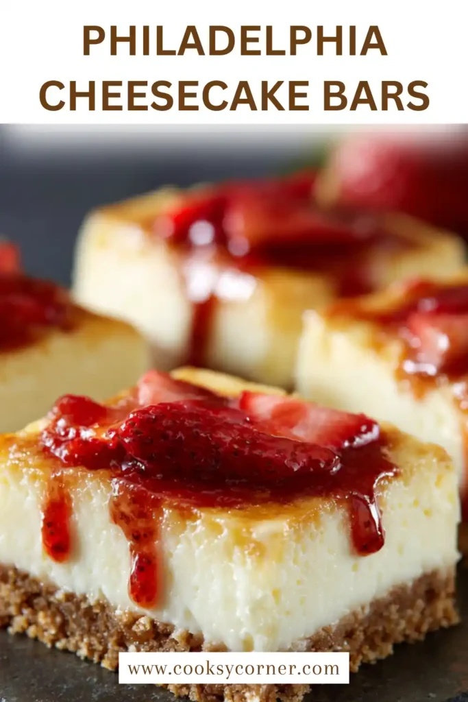 Strawberry cheesecake bars with smooth filling and glossy topping.
