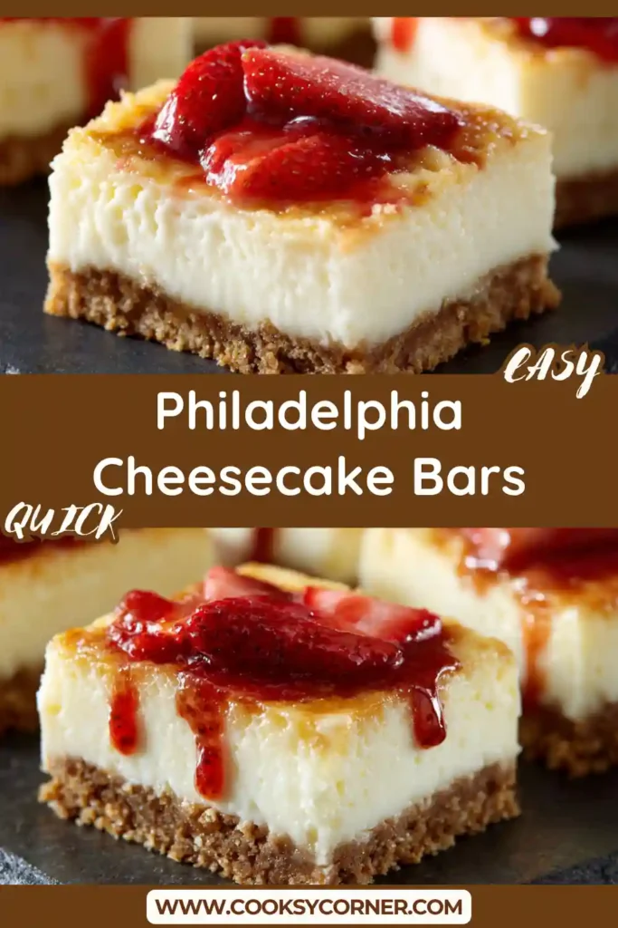 Creamy cheesecake bars sliced into squares with graham cracker crust.