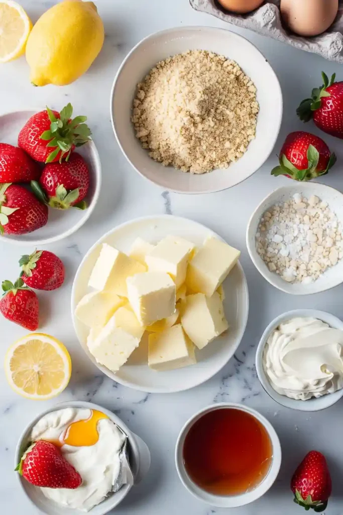 Close-up of cheesecake bars with white chocolate drizzle and fresh strawberries.