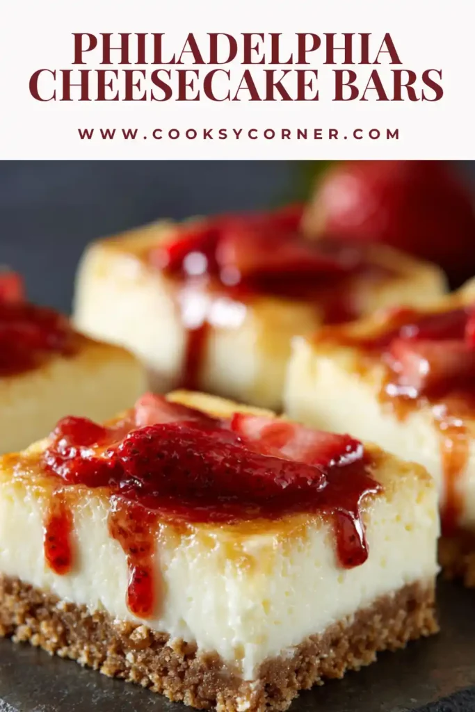 Philadelphia cheesecake bars with strawberry topping and white chocolate drizzle.