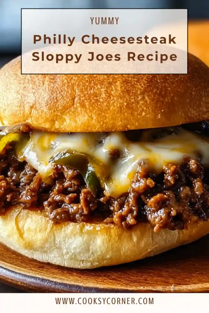 Close-up of cheesy beef sloppy joes with peppers and mushrooms on golden brioche buns. The melted cheese creates a creamy texture.