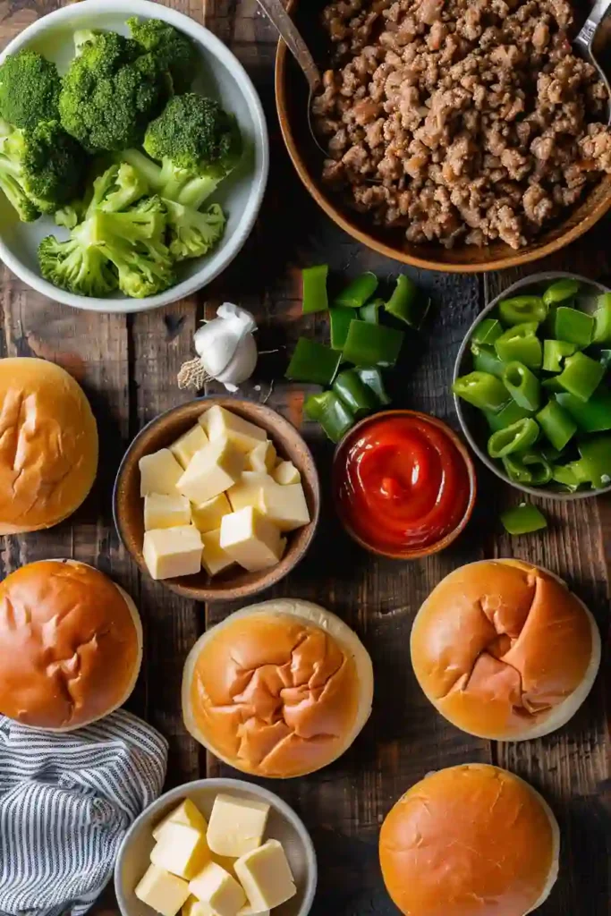 A plate of Philly Cheesesteak Sloppy Joes featuring tender beef mixture, melted provolone, and buttery buns. Warm and inviting meal setup.