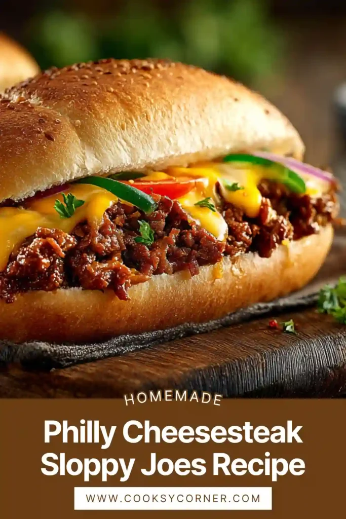 Homemade Philly Cheesesteak Sloppy Joes with juicy ground beef and melted cheese filling soft toasted buns. Perfect comfort food presentation.